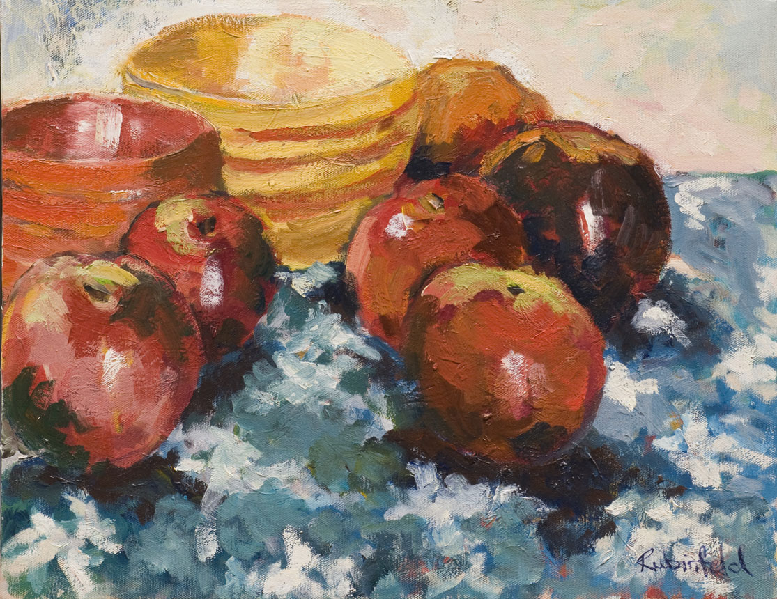 Apples and Bowls on Blue Cloth