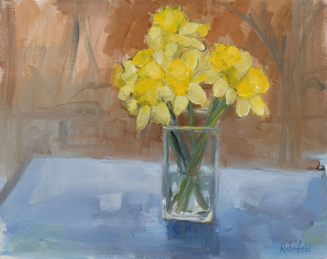 Daffodils on Blue Table