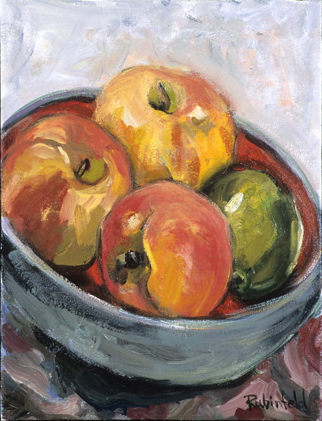 Three Apples and Lime in Red Bowl