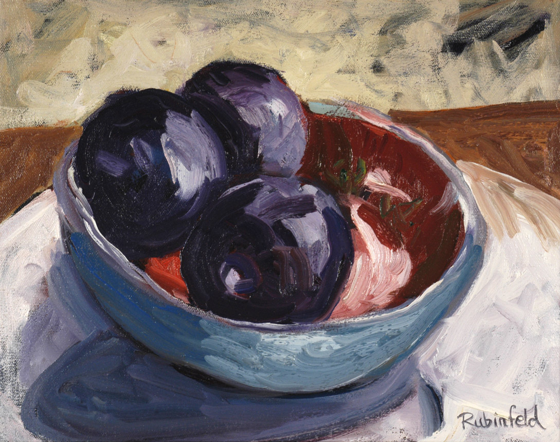 Three Plums in Red Bowl