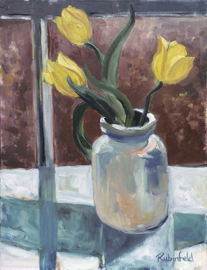 Tulips in Mustard Jar